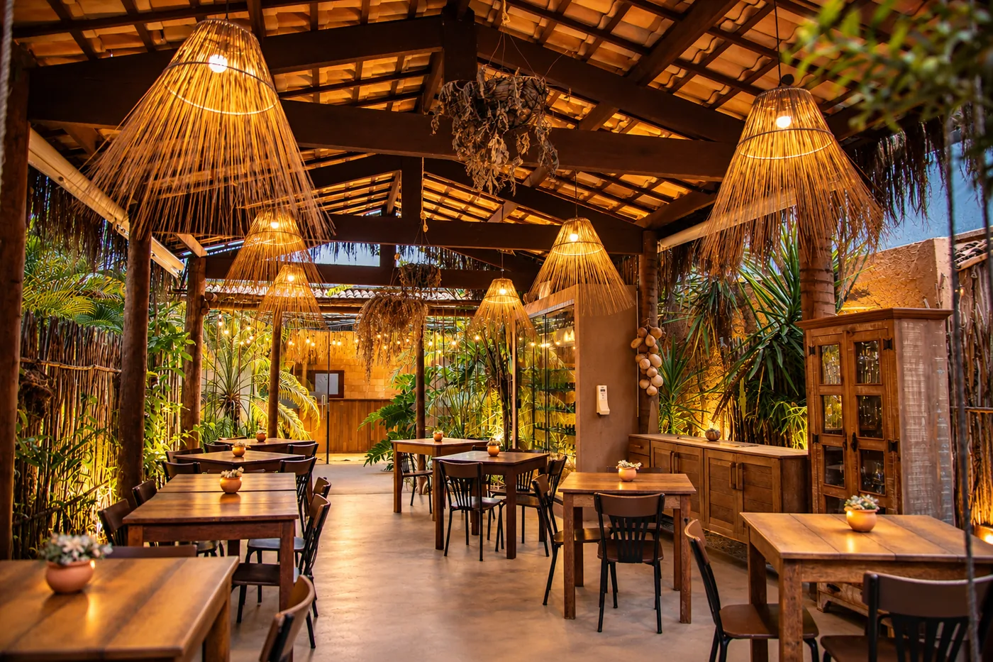 Salão do café da manhã do Naim, com mesas de madeira, plantas e luminárias de fibras naturais.