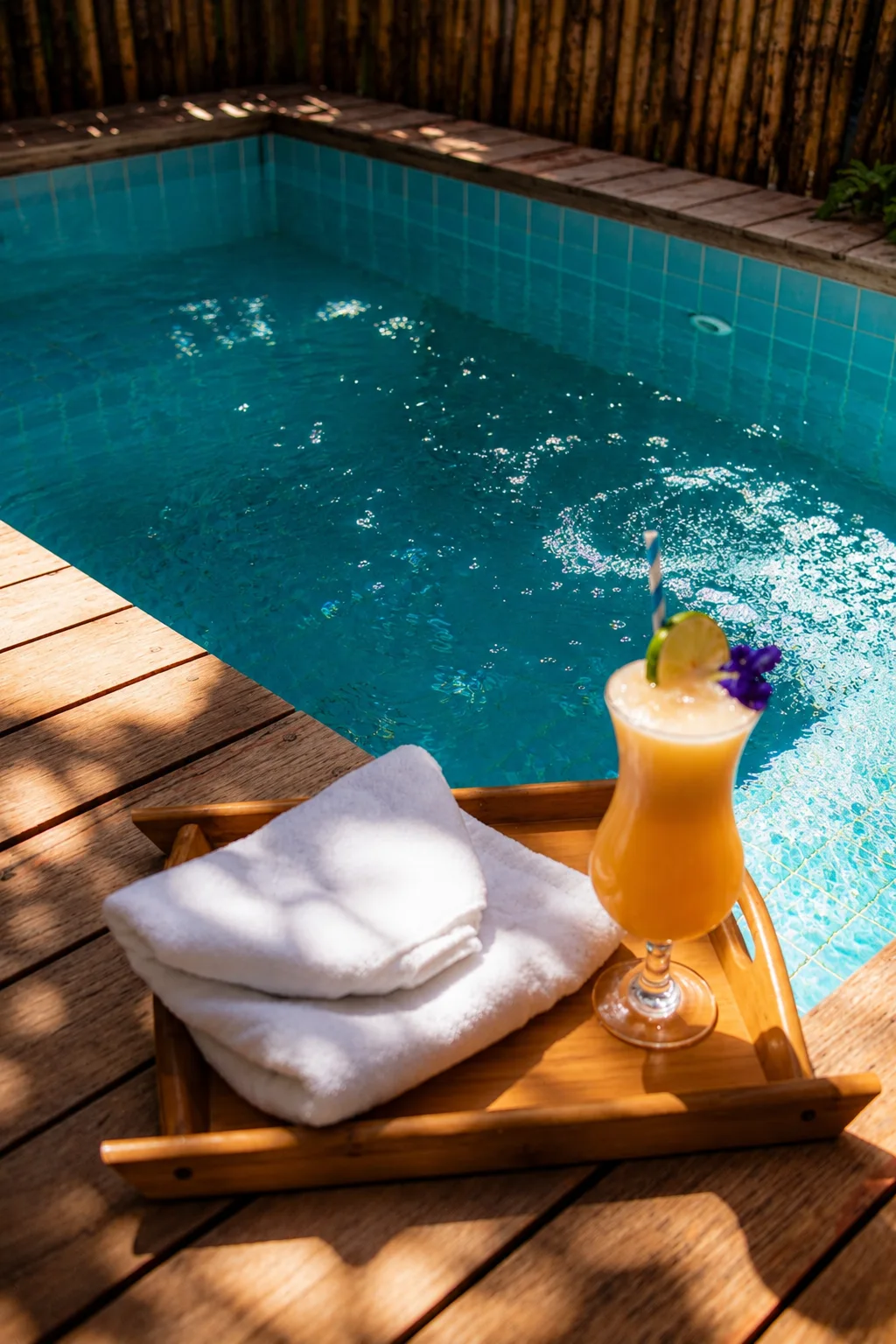 Bandeja com toalhas e bebida junto à piscina privativa do Naim.